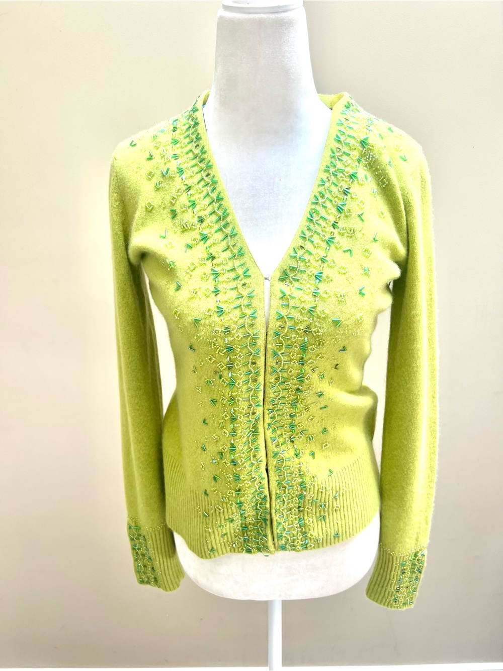 Margaret O’Leary Lime Green V-Neck Women's cardigan embellished Sweater Sm